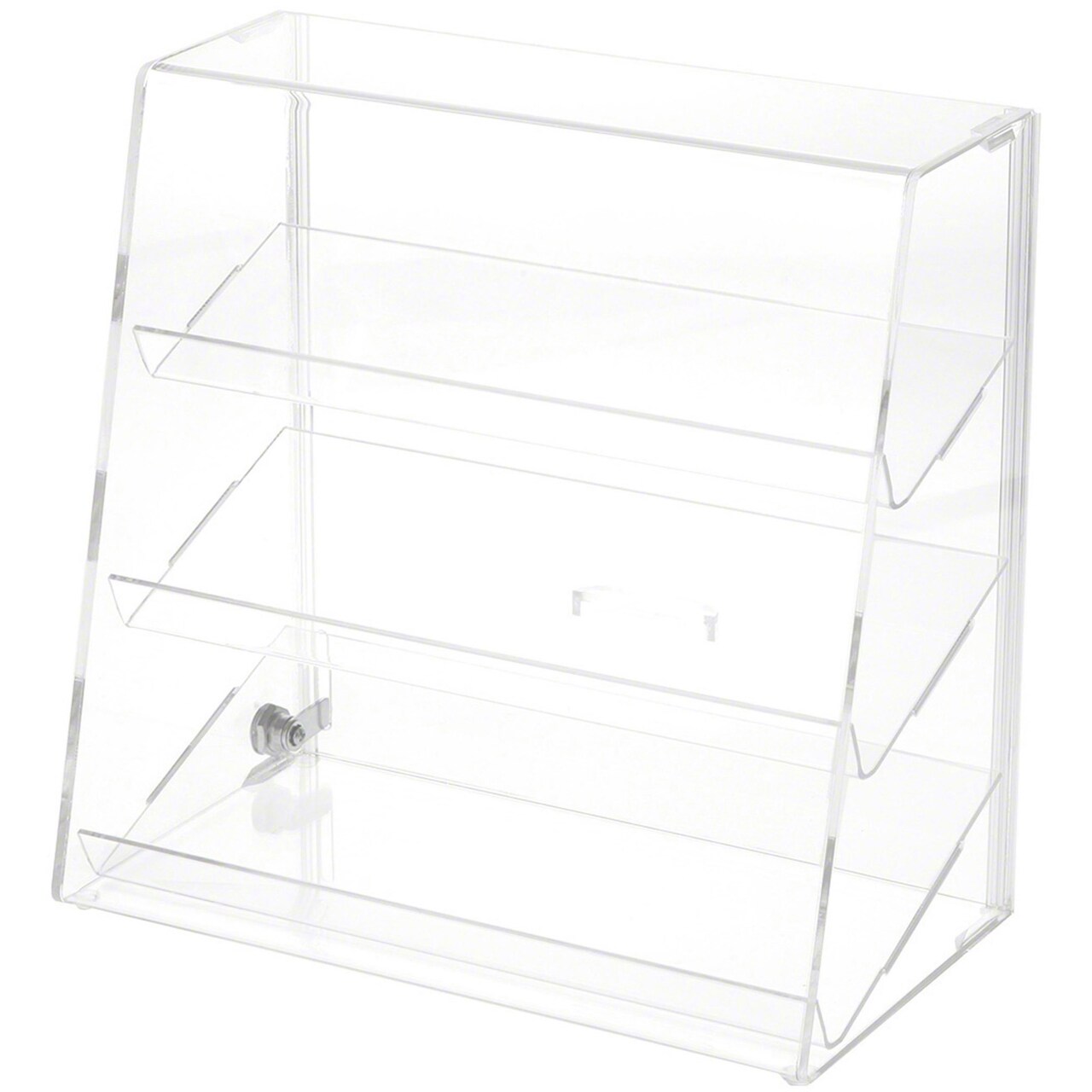 Plymor Clear Acrylic Locking Display Case with Slanted Front and Sliding Back, 3 Angled Shelves